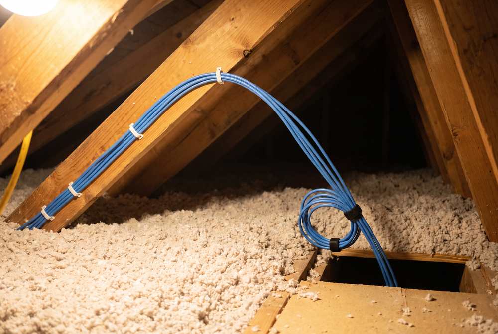 Blue Ethernet cables stapled along an attic rafter