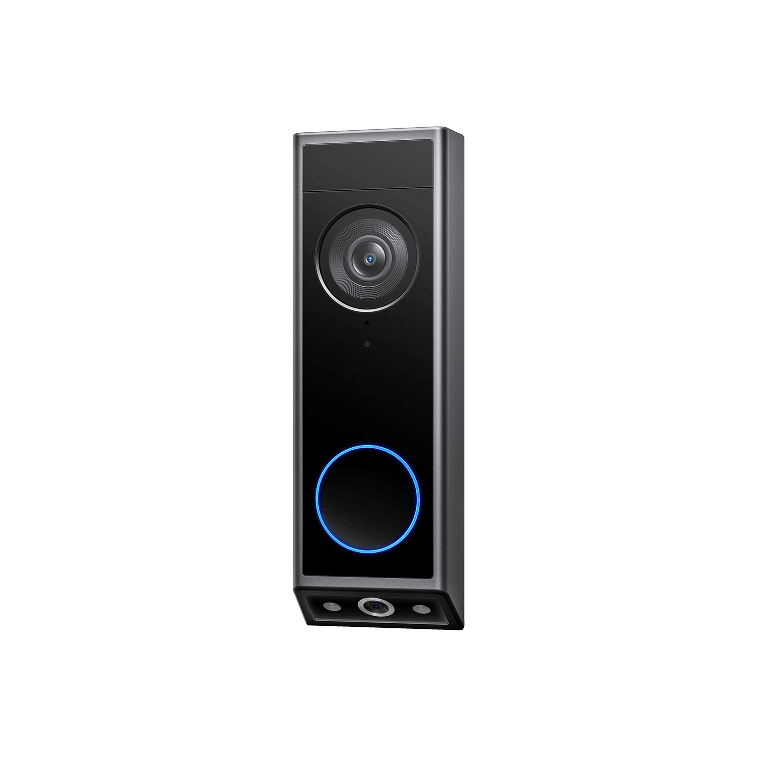 Tall slim black video doorbell with a graphite metal frame, angled to the right, a round lens near the top, a large circular button ringed in blue light below it and a second small lens in the base, on white