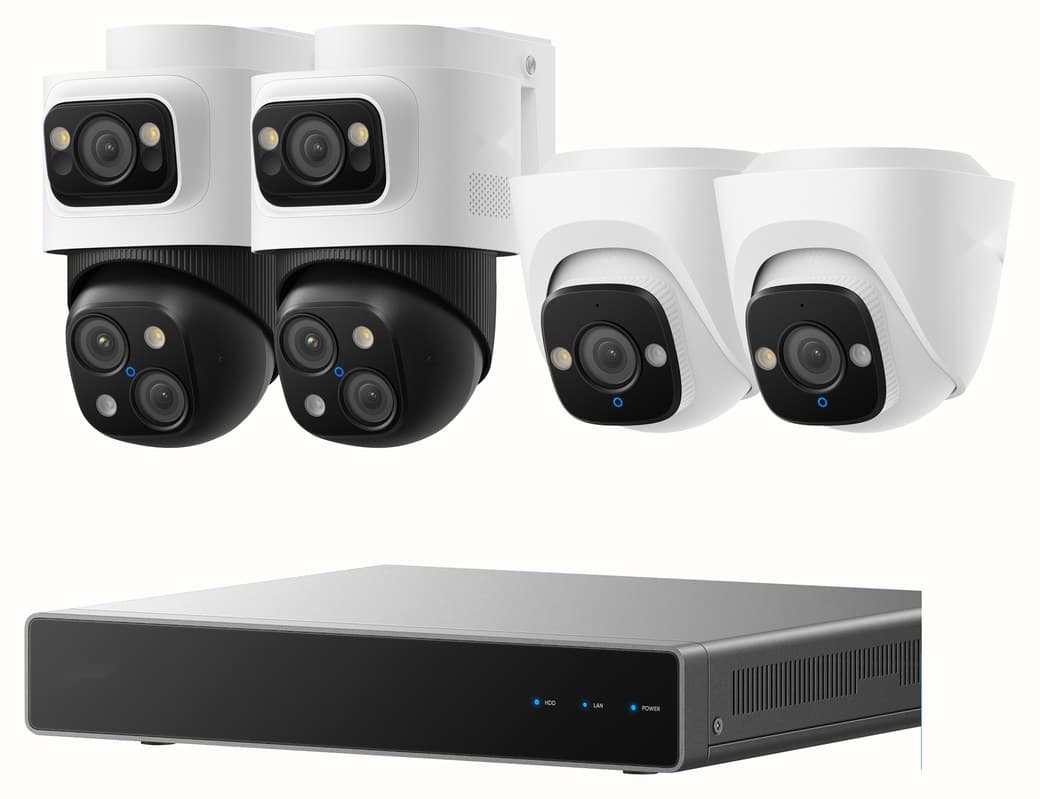 Four wired cameras above a slim network video recorder