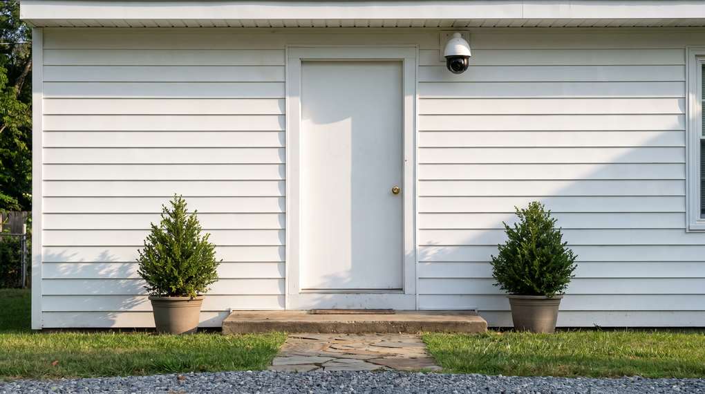 A single-story house with white lap siding seen from the walkway: a plain white door with a brass knob, a concrete step, two potted shrubs in tan planters, a stone paver path and a gravel edge in the foreground, and a white dome camera housing mounted under the soffit to the right of the door