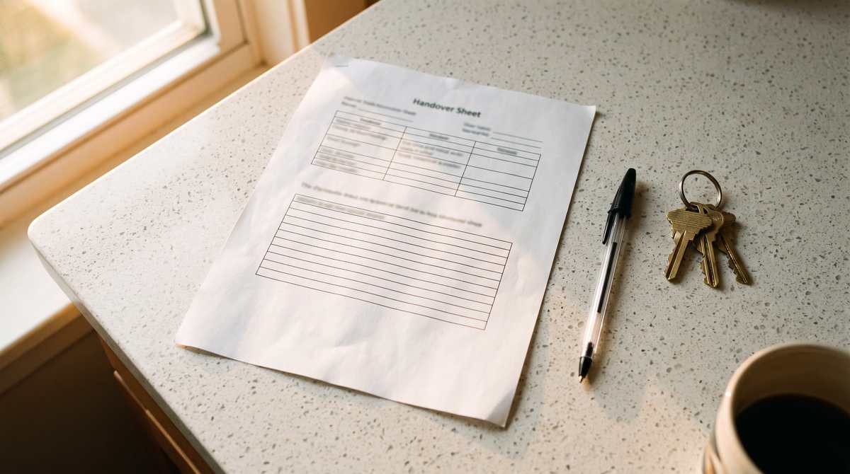 A printed one page sheet on a quartz counter beside a pen and a set of house keys, ruled into a table of blank fill-in fields, the title line Handover Sheet legible and the body text not