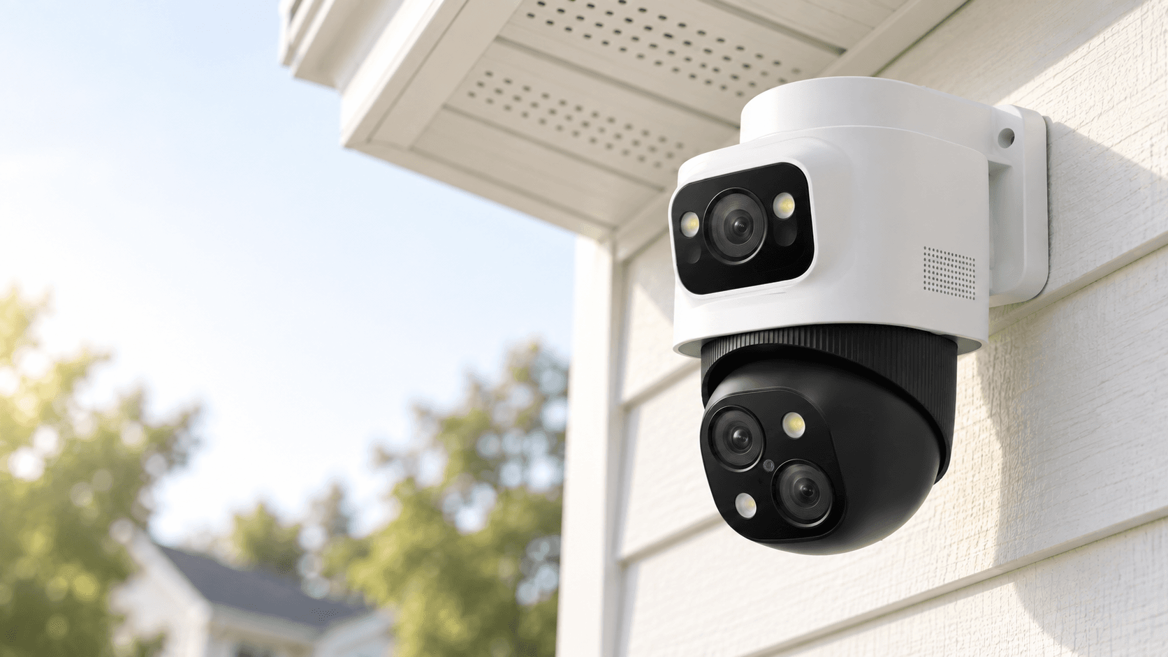 A white dual-lens pan-tilt camera on a wall bracket, mounted on white lap siding just under a perforated soffit, with blurred trees and a neighboring roofline behind it