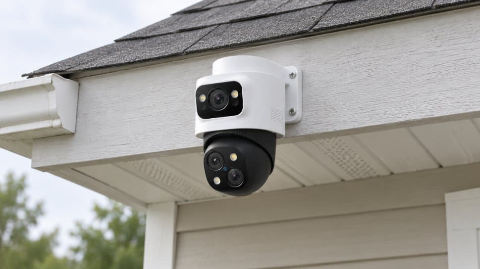 A white and black dual lens pan tilt camera on a bracket screwed to the fascia board under dark roof shingles, a white gutter to its left and a vented soffit below