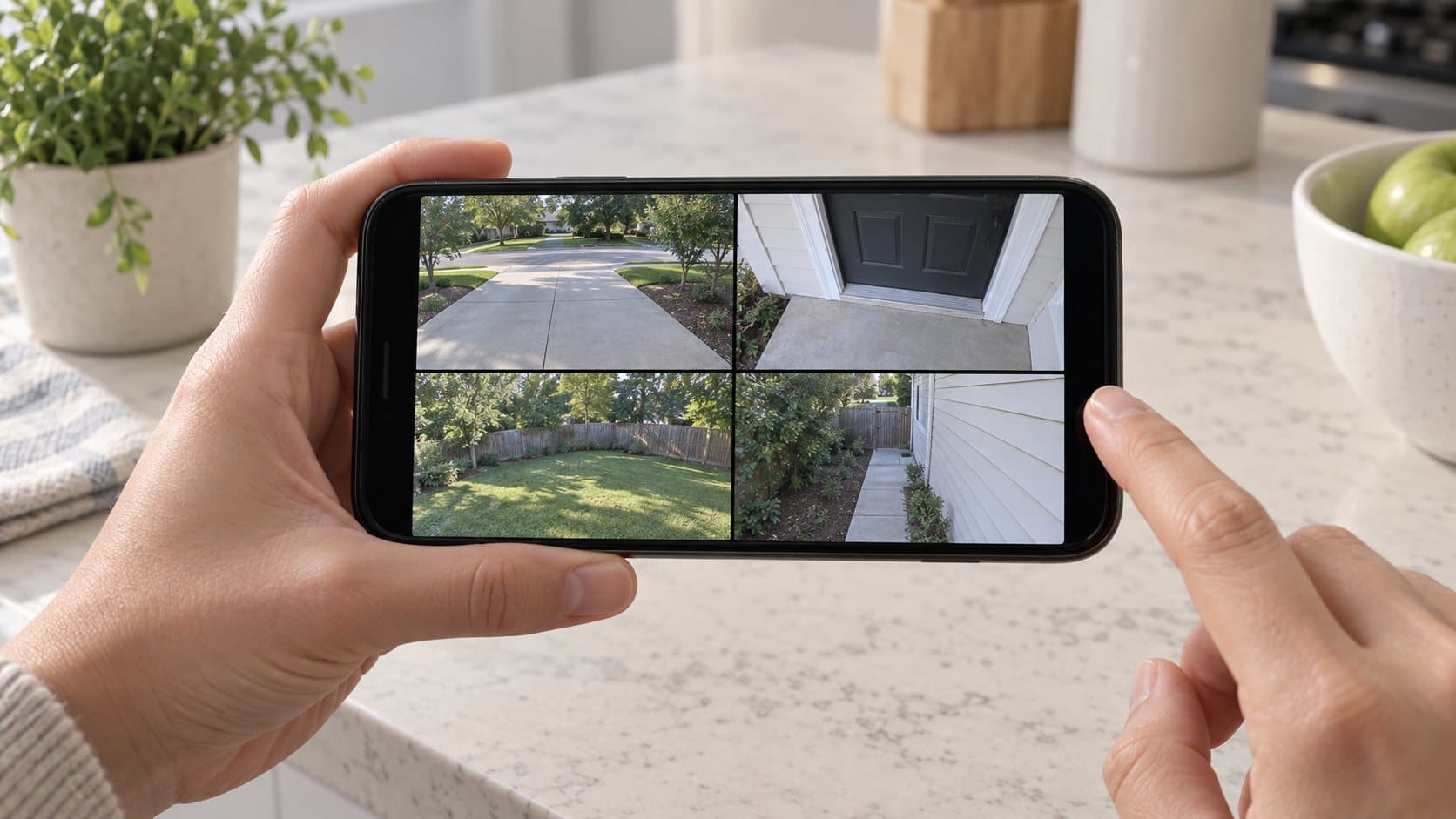 Two hands holding a phone sideways over a white stone kitchen counter, the screen split into four live views of a driveway, a front door, a fenced back yard and a side path