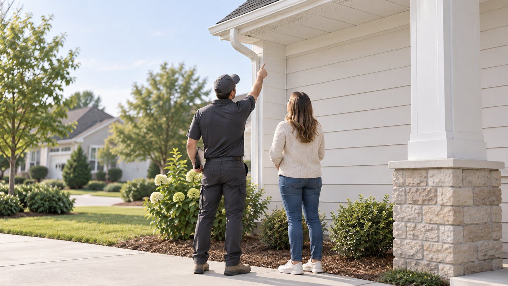 Two people seen from behind at the corner of a white lap sided house, one in a grey shirt and cap with a clipboard pointing up at the eave, the other in a cream sweater and jeans, hydrangeas and a stone porch column beside them