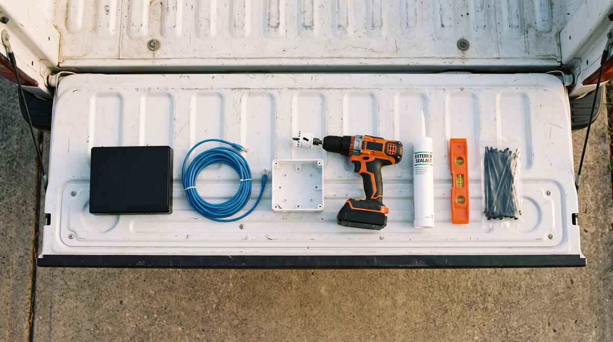 Straight-down view of an open white pickup tailgate holding a black recorder box, a coil of blue cable, a white mounting box, a cordless drill with a hole saw, a white tube lettered exterior sealant, an orange torpedo level and a bag of black zip ties